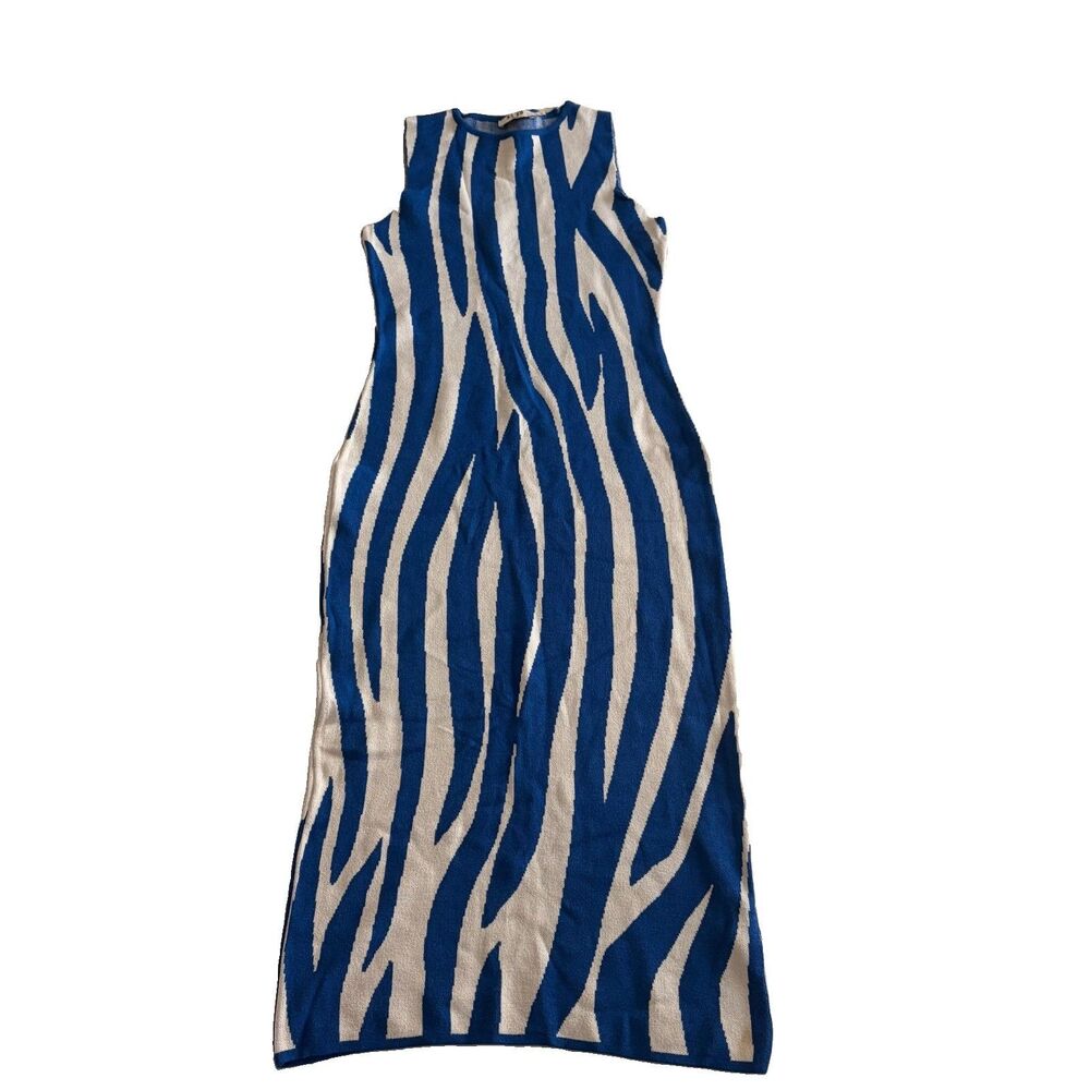 NA-KD Zebra Ribbed Fine Knitted Midi Dress Small Blue White Sleeveless Bodycon